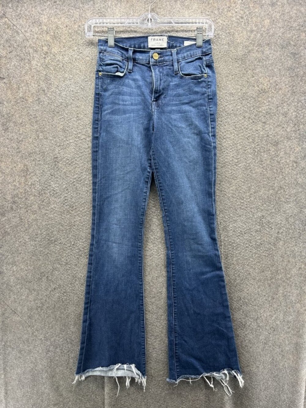 Frame Le High Flare Jeans Womens 25 Blue Medium Wash Slim High Rise Raw Hem